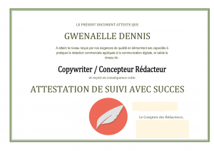 Certificat de formation attestant de mes compétences de copywriting