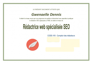 Certificat de formation attestant de mes compétences de rédactrice web SEO